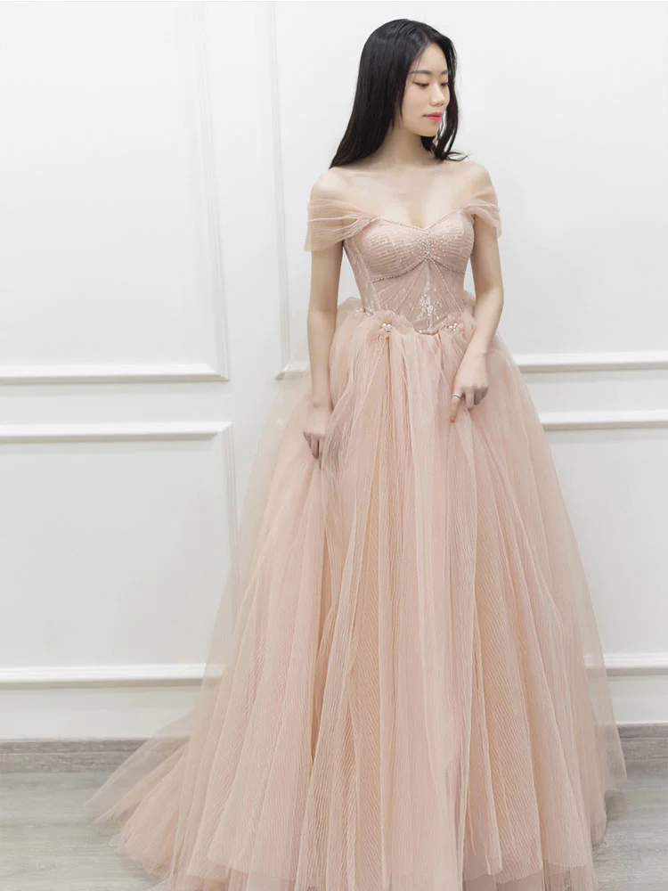 Kateprom Pink Off Shoulder Long Prom Dress, Pink Tulle Formal Evening Dress Kpp0511
