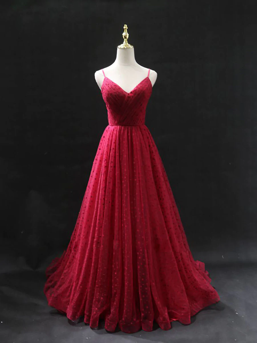 Kateprom Burgundy V Neck Tulle Long Prom Dress, Burgundy Tulle Formal Dress Kpp0515