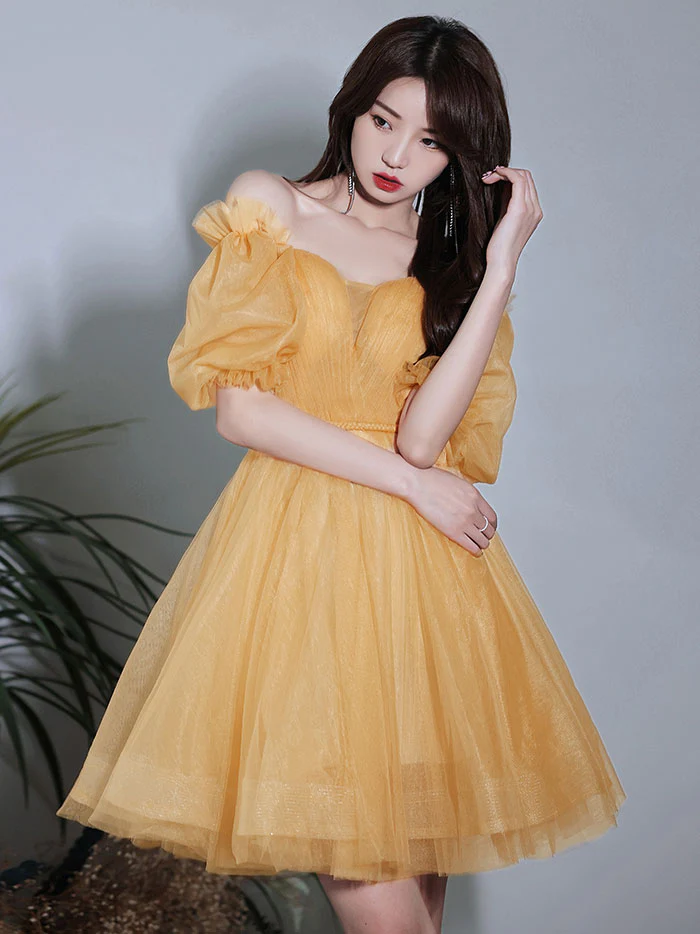 Kateprom Yellow Tulle Short Prom Dress, Yellow Homecoming Dress Kpp0521