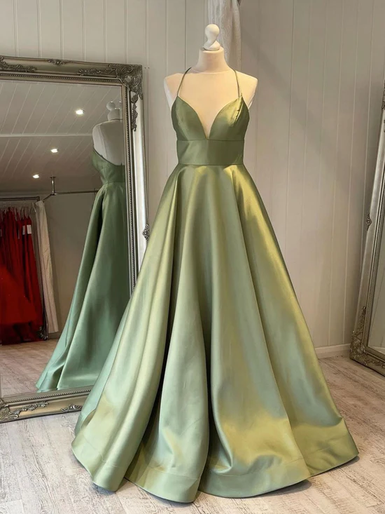 Simple Green Satin Long Prom Dress, Green Bridesmaid Dress Kpp0523