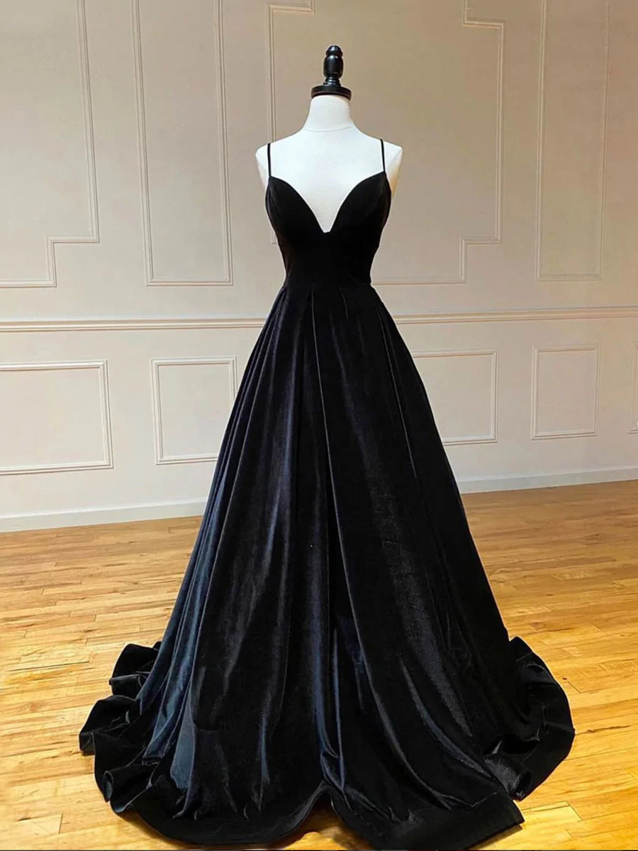 Simple Black Velvet Long Prom Dress, Black Evening Dress Kpp0524