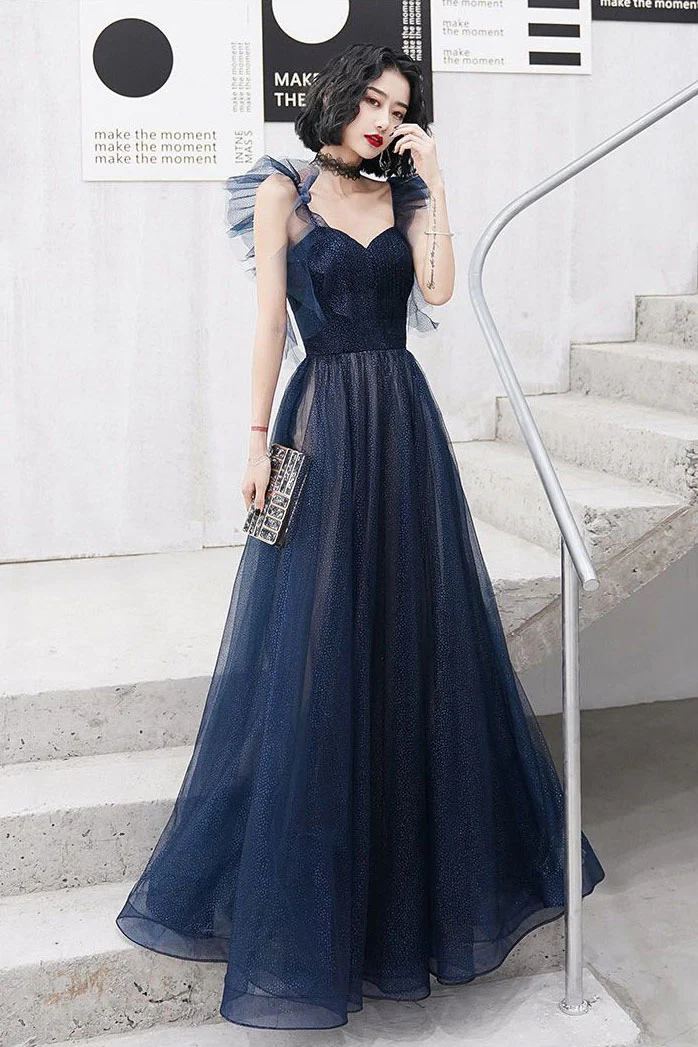 Blue Lace and Tulle Sweetheart Long Formal Dress, Blue Strapless Lace-up Prom Dress