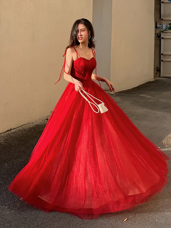 Elegant Red Straps Corset Back Long Prom Evening Dress with Slit