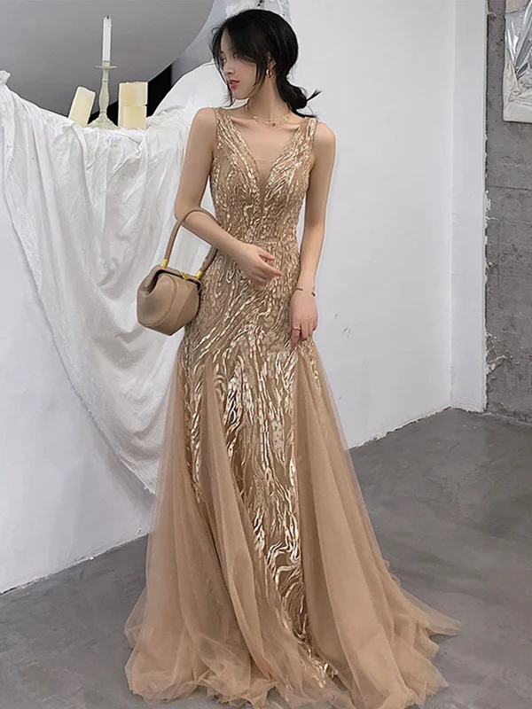 chinese dress ladies Champagne v neck tulle lace beads long prom dress tulle formal dress –  shdress main image 0