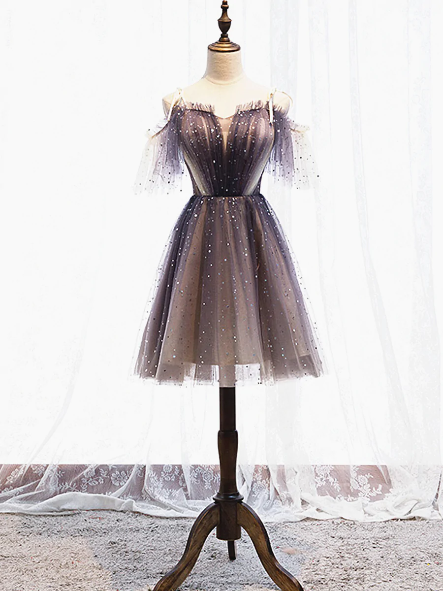 dark purple short prom dresses Cute Short Sweetheart Dark Purple Homecoming Dress, Tulle Beaded Short Prom Dress