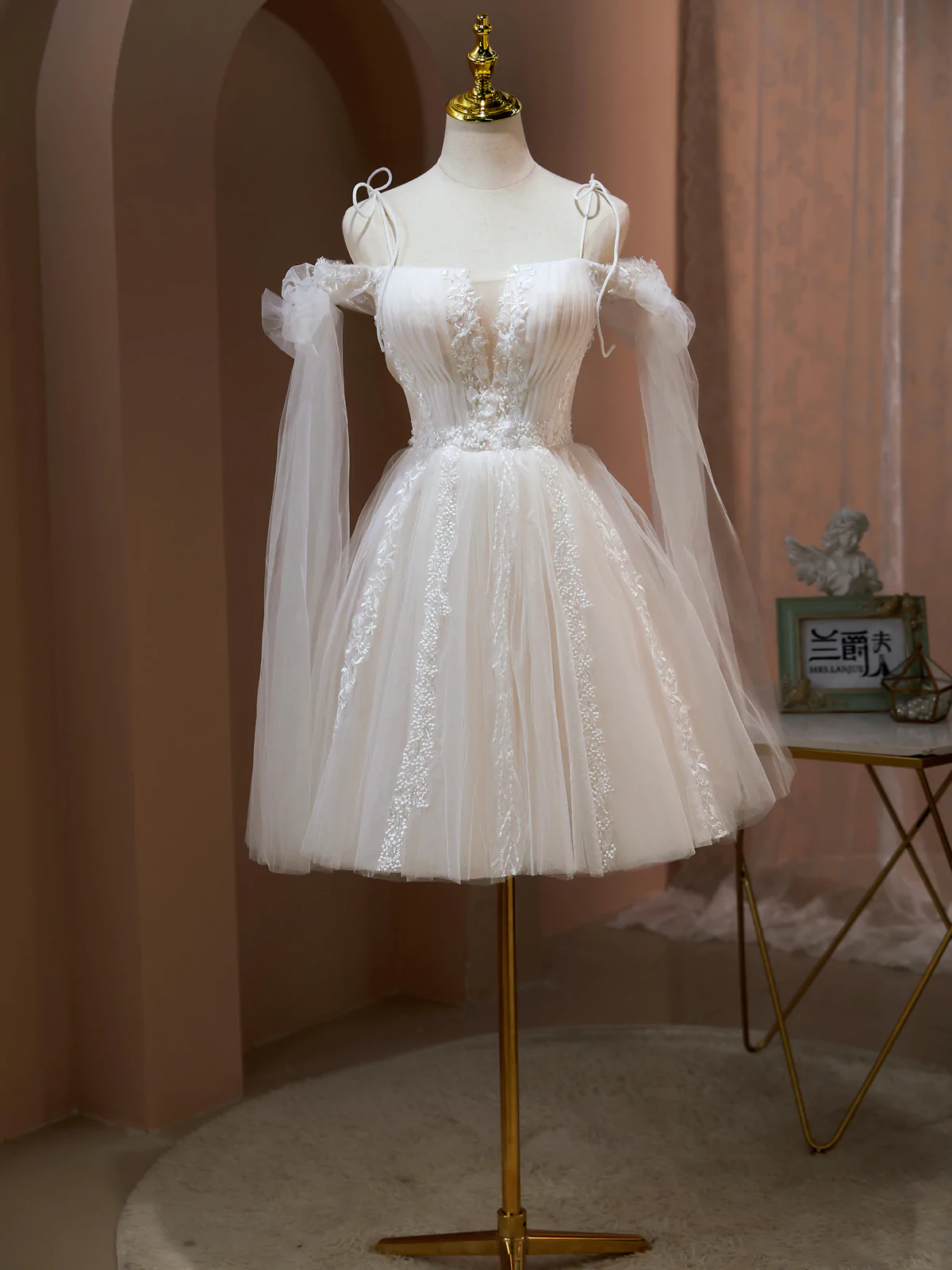 Off The Shoulder Short Champagne Prom Dresses, Short Champagne Formal Homecoming Dresses