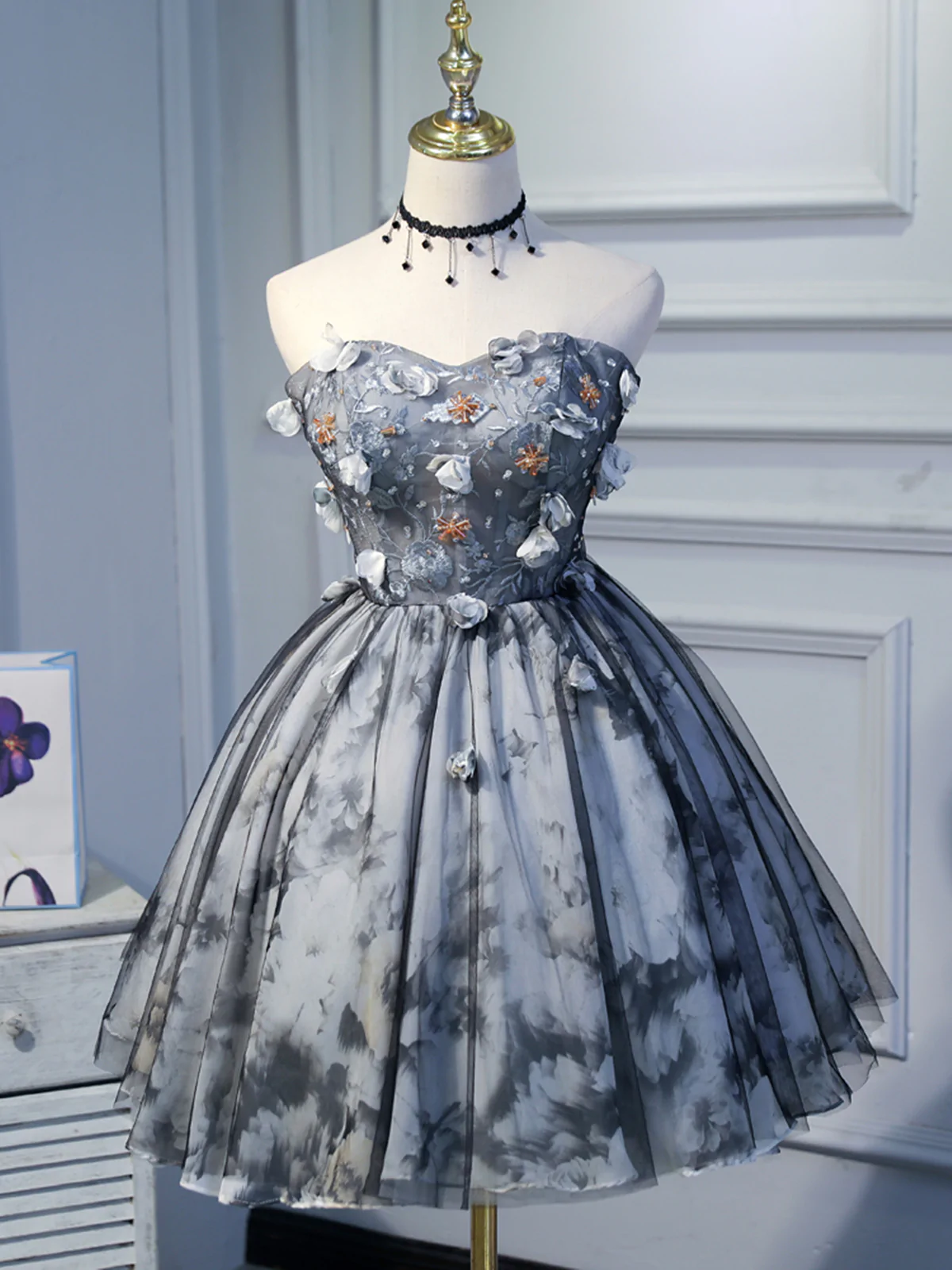 open lace back dress Short Floral Tulle Prom Dresses, Short Floral Tulle Formal Homecoming main image 1