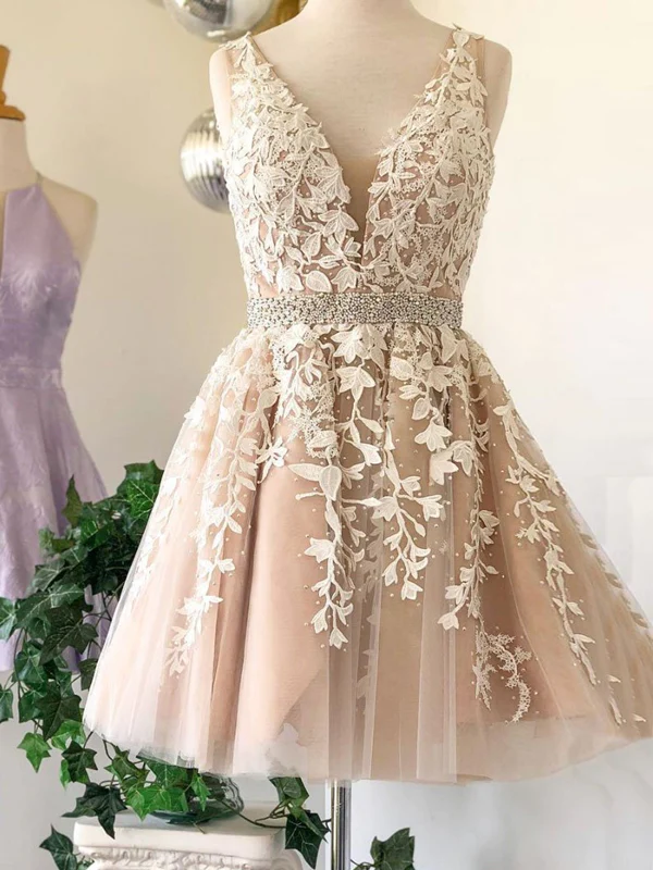 A Line V Neck Short Champagne Lace Wedding Dresses, Short
