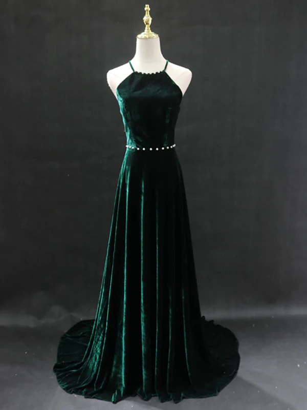 Dark Green Backless Long Prom Dresses, Dark Green Long Formal Evening