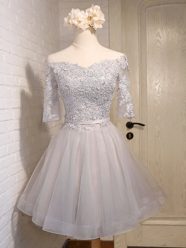 short grey wedding dress Grey Feathered Short Wedding Party Dress - Layered Tulle Dress