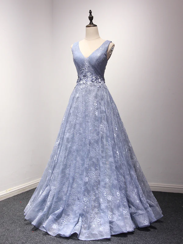 A-line Prom Dresses V Neck Tulle Lace Modest Long Prom Dress Evening Dress