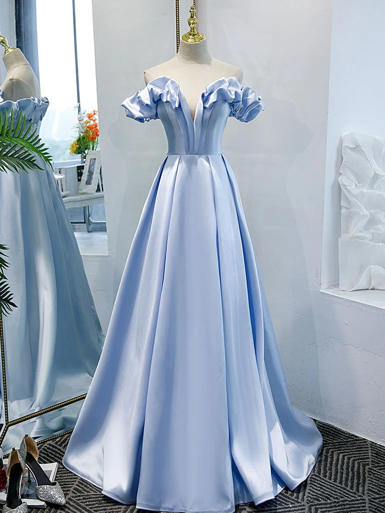 Chic A-line Off-the-shoulder Blue Prom Dress Satin Formal Dress