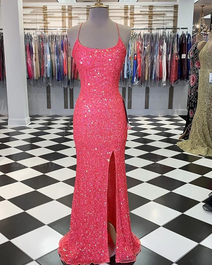 Chic Sheath/column Spaghetti Straps Sequins Long Prom Dress Evening Dress