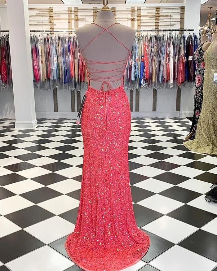 Sheath/Column Spaghetti Straps Terracotta Cut-Out Formal Dresses with Split