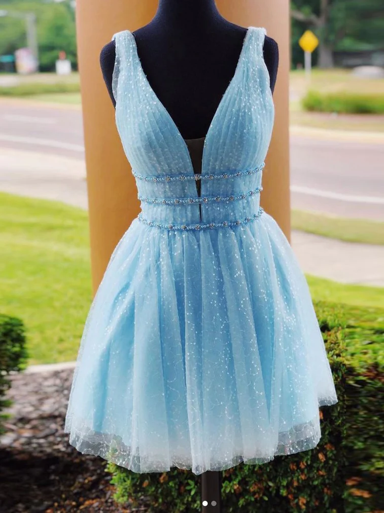 A-line V Neck Blue Homecoming Dress Short Prom Dresses Juniors Homecoming  Dresses on Luulla