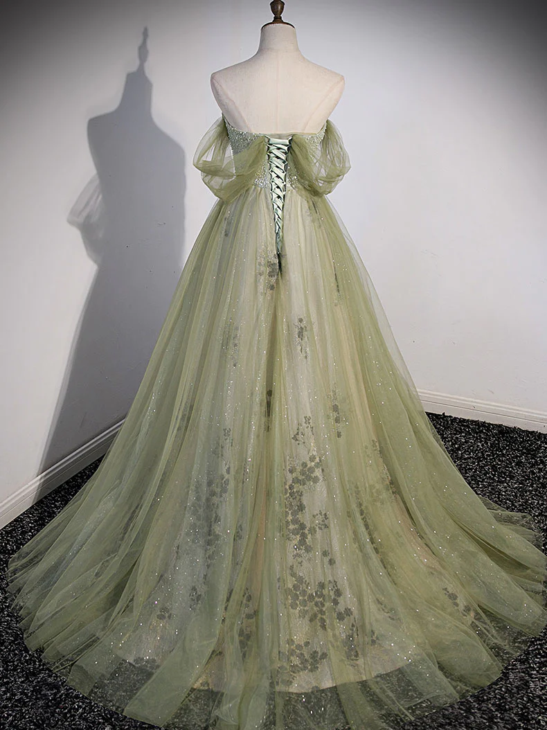 Green A Line Tulle Ball Gown Prom Dresses, Evening Gowns