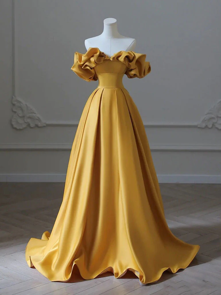 Satin Yellow Long Prom Dress Aline Formal Yellow Graduation Party Dress on Luulla