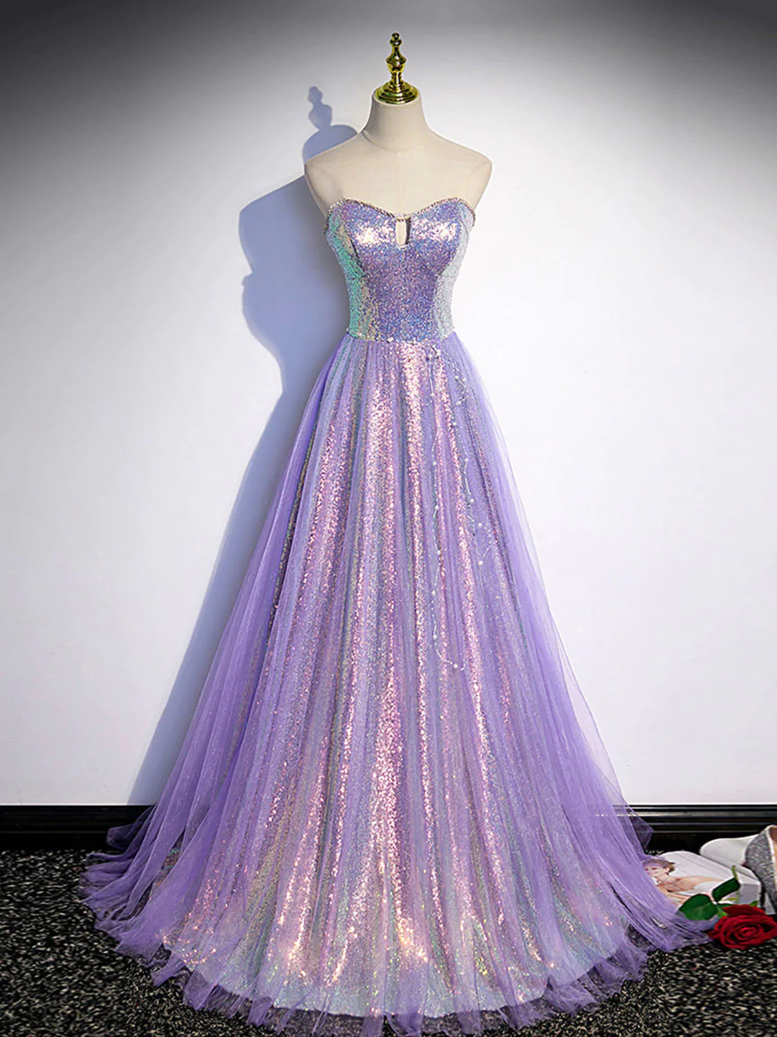 A Line Purple Sweetheart Neck Tulle Long Prom Dress, Purple Evening Dress