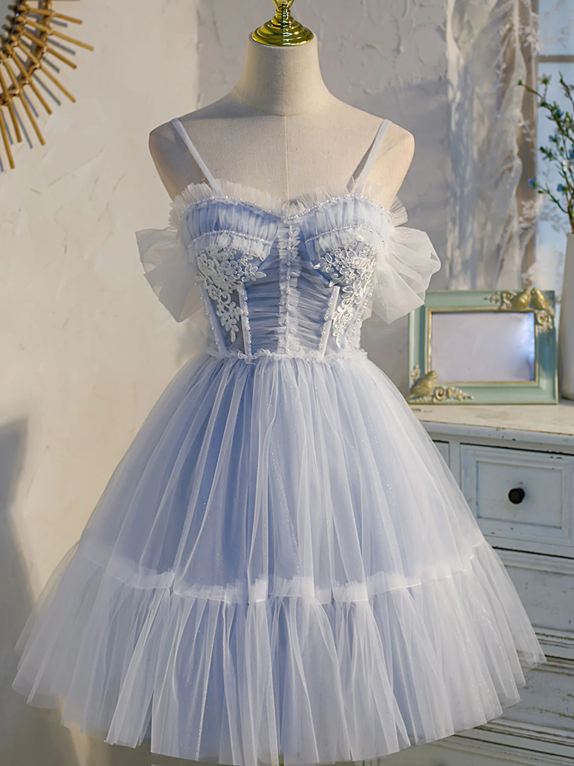 Blue Sweetheart Neck Tulle Lace Short Prom Dress Blue Puffy Homecoming Dress