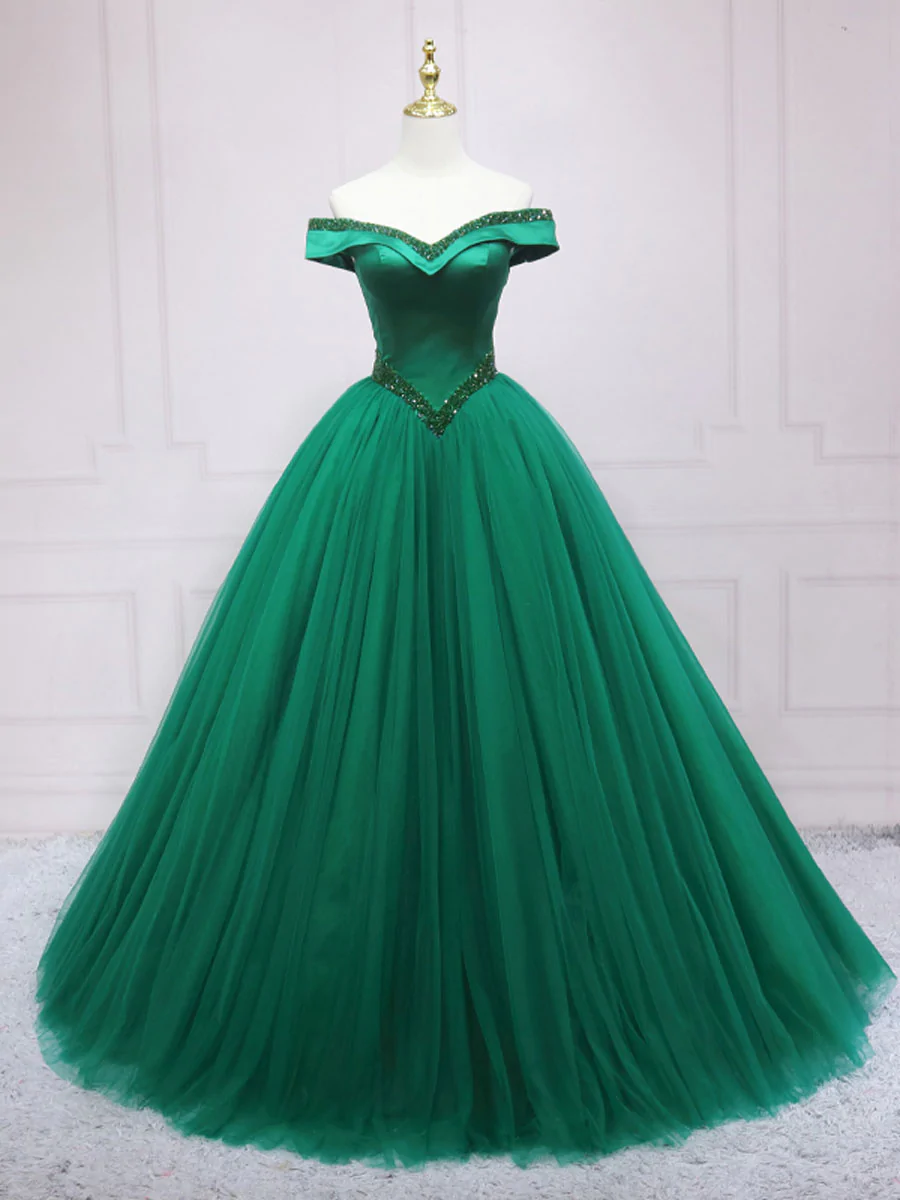Green Tulle Off Shoulder Tulle Beads Long Prom Dress, Green Formal Graduation Dresses
