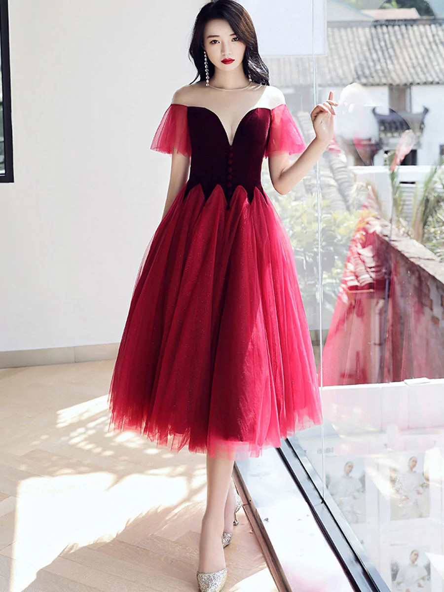 Burgundy Round Neck Velvet Short Prom Dress, Puffy Burgundy Homecoming Dress