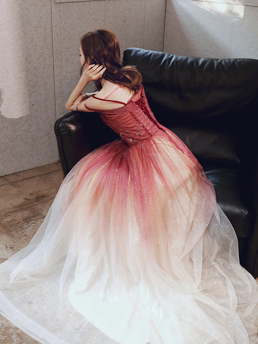 Fairy-tale A Line Off The Shoulder Burgundy Tulle Long Prom Dresses Evening Dresses DP529 main image 1