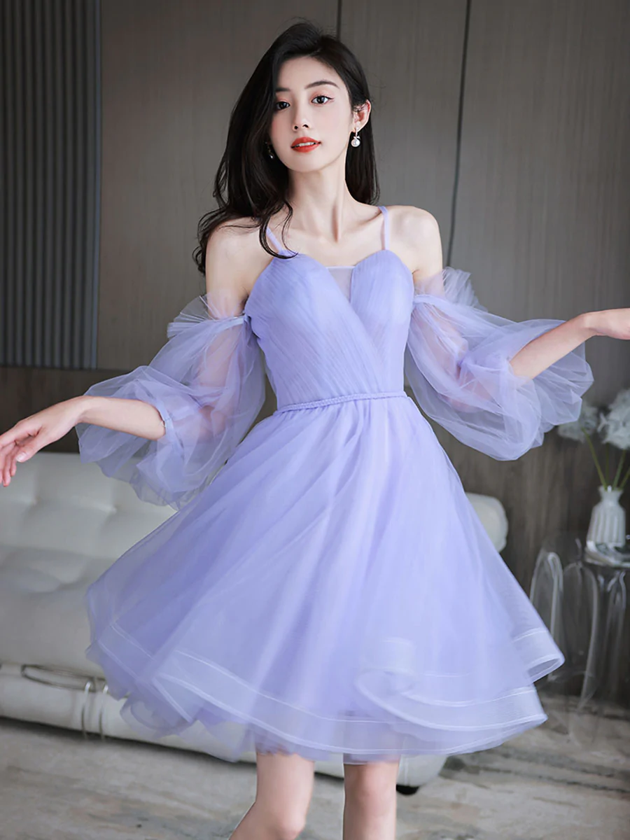 Purple Sweetheart Neck Tulle Short Prom Dress, Puffy Purple Homecoming  Dresses on Luulla