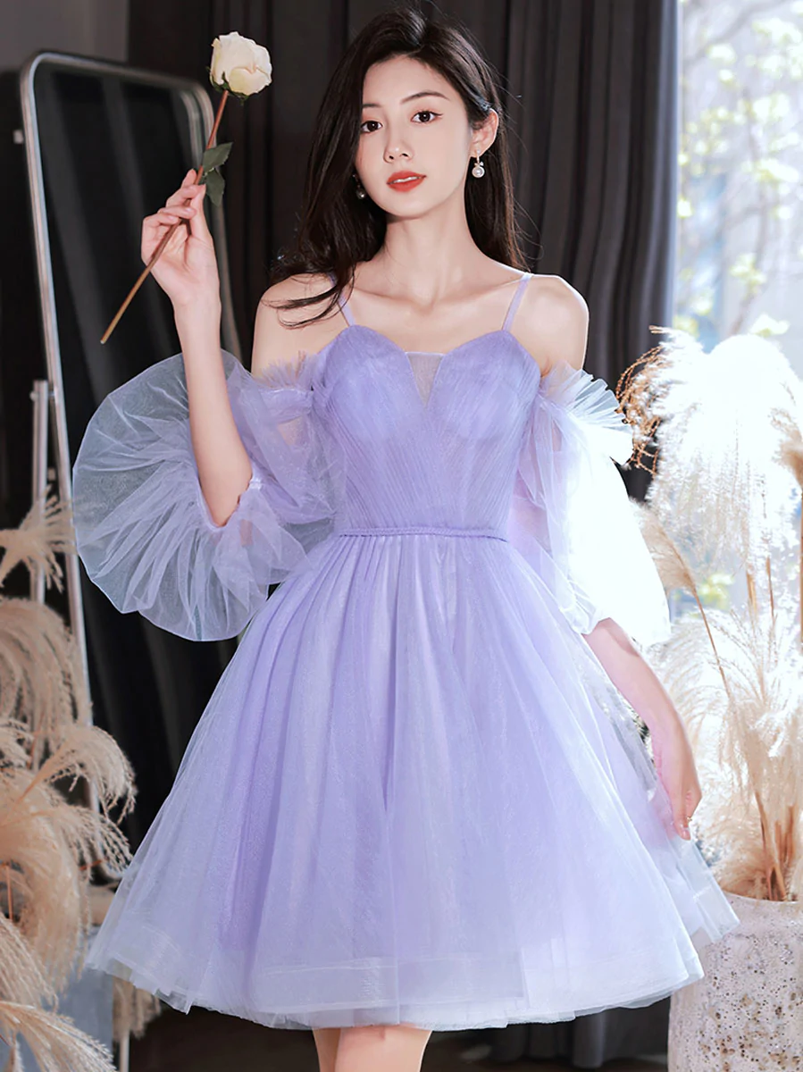 short puff sleeve prom dress A-Line Puff Sleeves Tulle Lace Blue Short Prom Dress, Blue Homecoming Dress US 4 / Blue