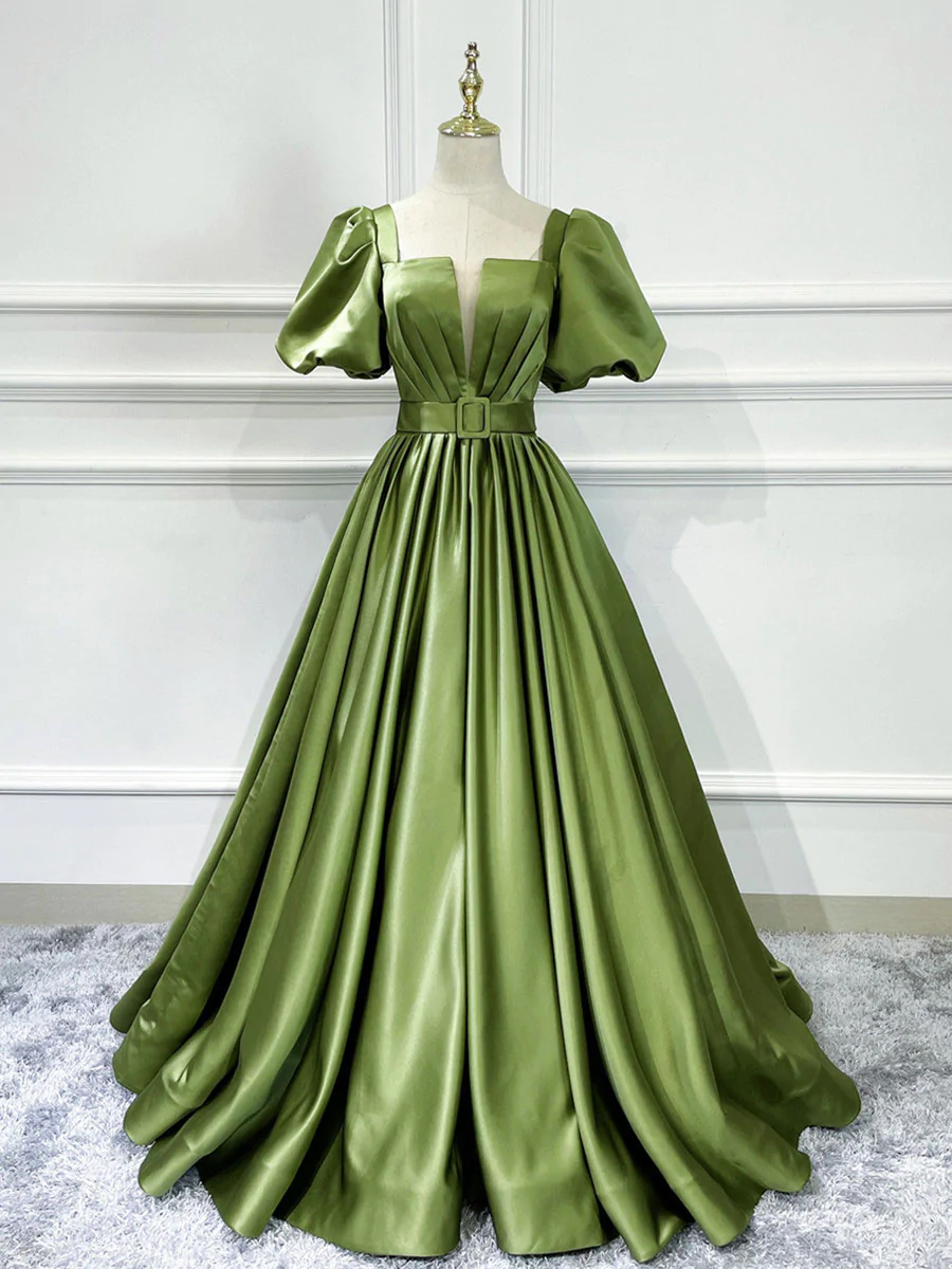 A Line Satin Long Green Prom Dresses, Green Formal Evening Graduation