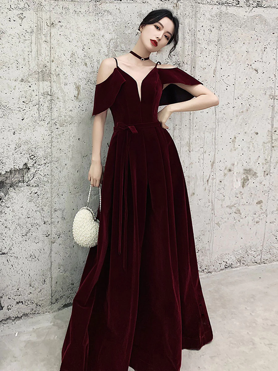 20443 Burgundy Off-Shoulder Sequins Velvet Dress