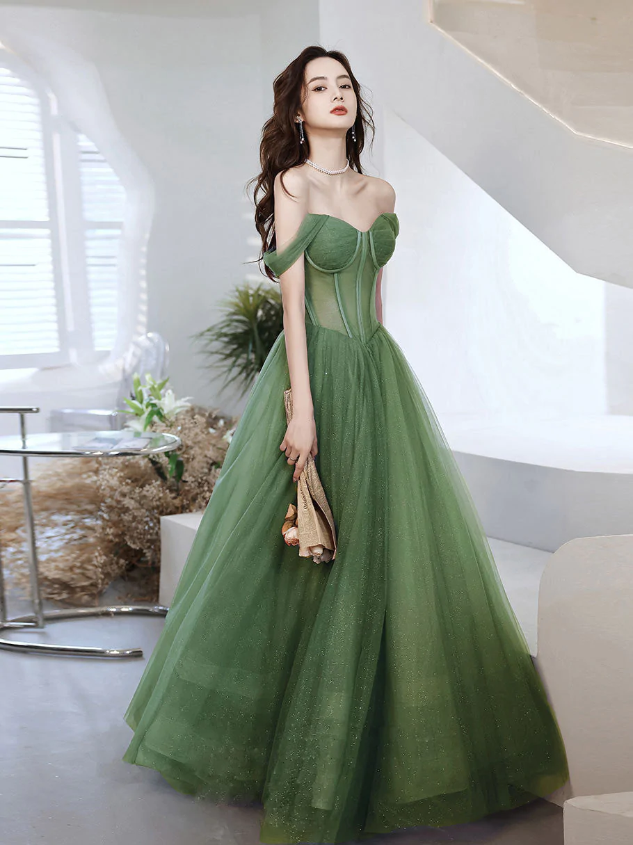 Green Sweetheart Neck Tulle Long Prom Dress, Green A line Formal Dresses