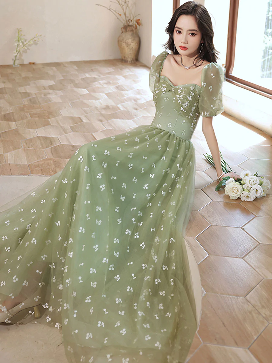 Green Tulle Long Prom Dress, Green A Line Formal Graduation Dresses