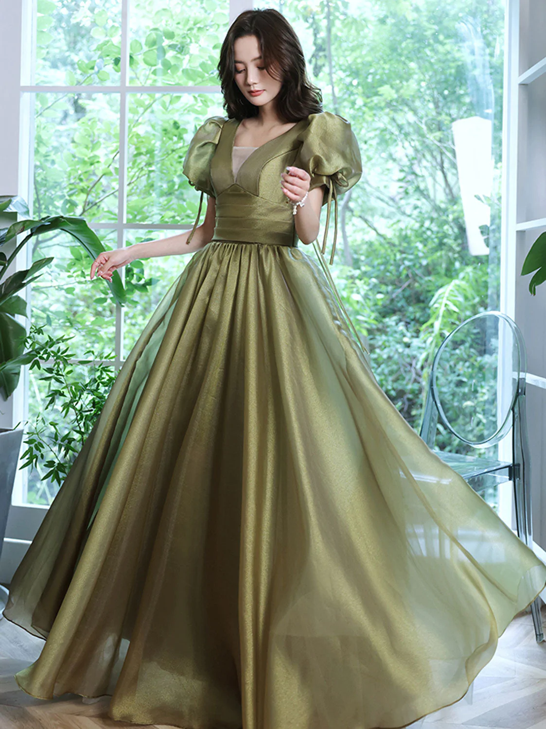 Simple Green V Neck Tulle Long Prom Dress, Green Evening Dresses