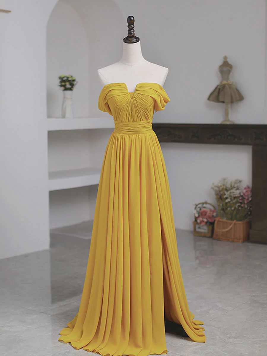 Simple Yellow Off Shoulder Long Prom Dress, Yellow Chiffon Graduation