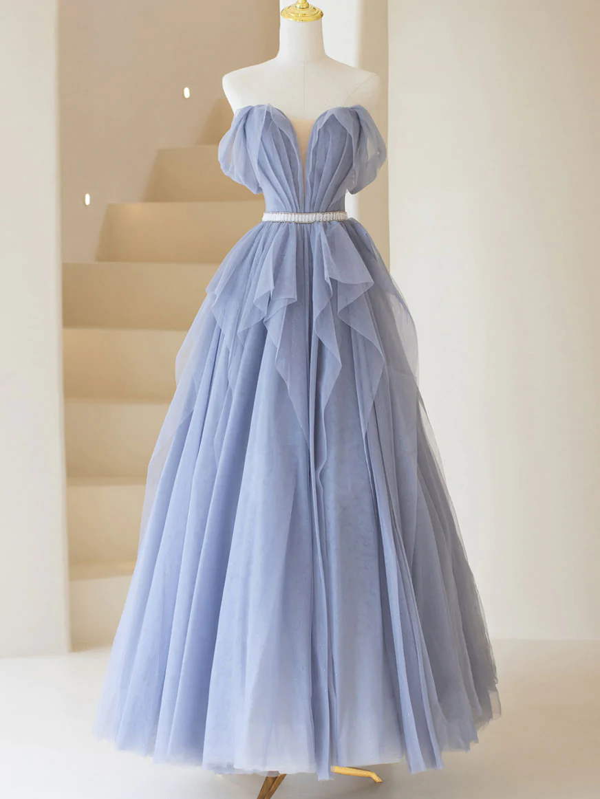 Dark Purple Tulle Off The Shoulder Formal Dress with Sleeves