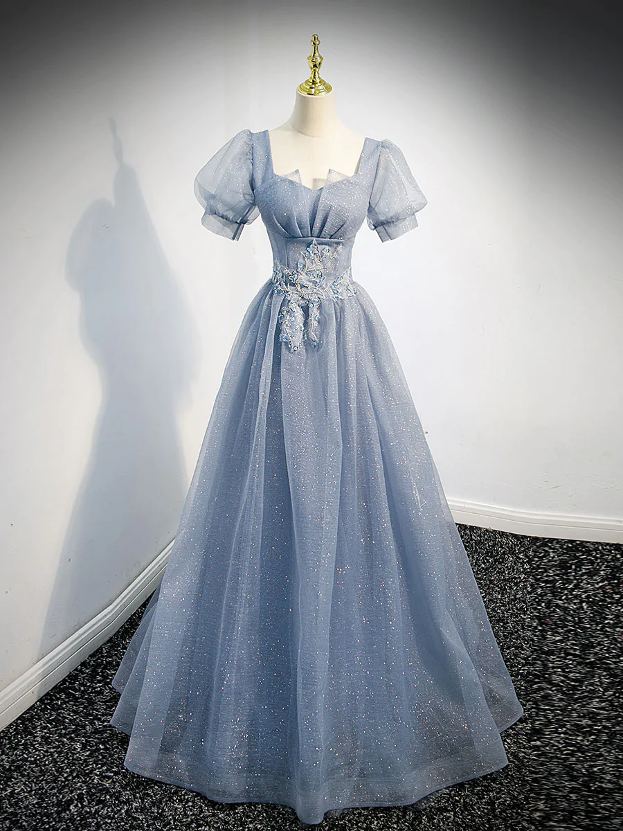 blue gray tulle dress Gray blue tulle long prom dress, gray blue A line evening dress main image 1
