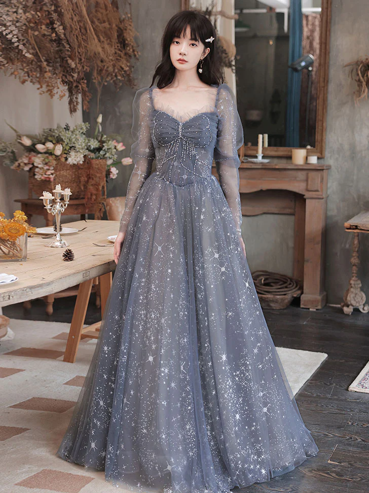 Gray Blue Tulle Lace Long Prom Dress, Gray Tulle Lace Evening Dress