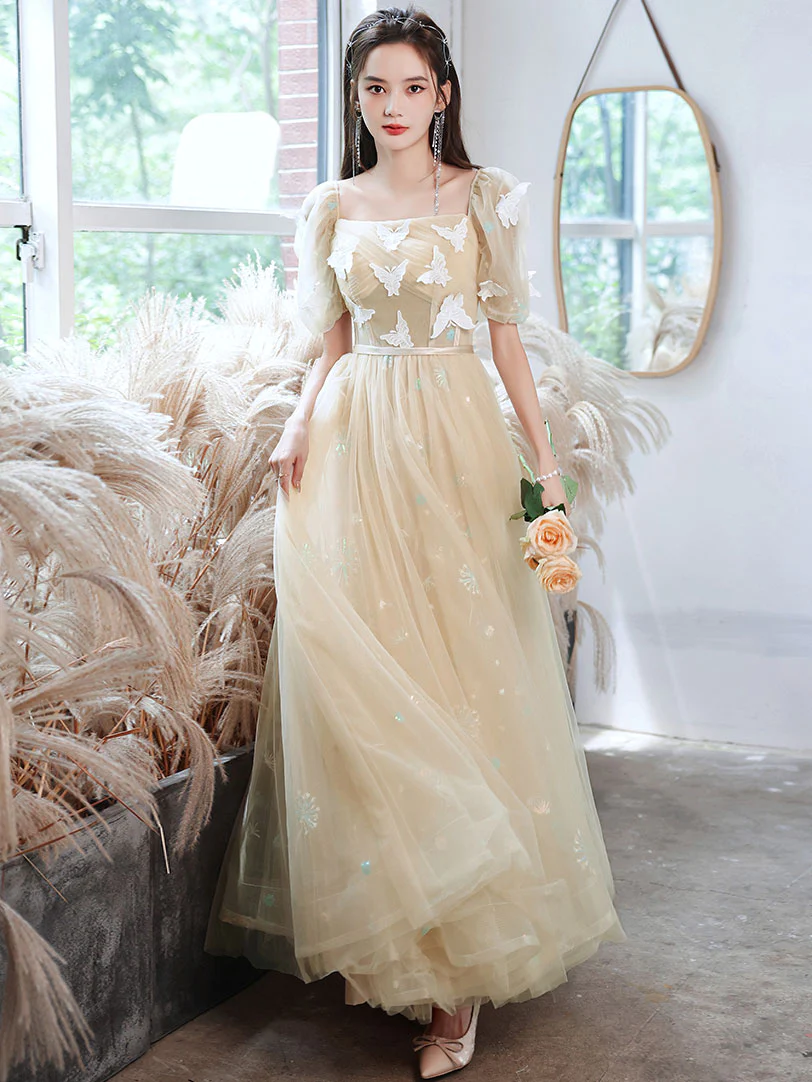 Champagne tulle lace long prom dress champagne formal dress BD83