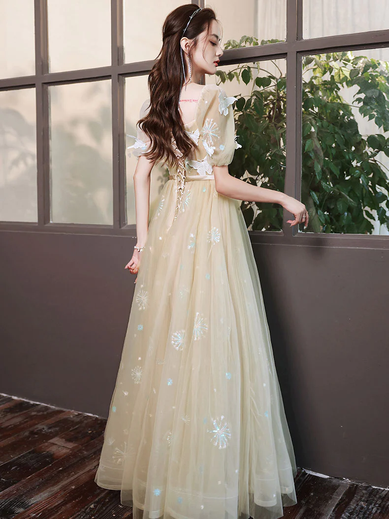CHAMPAGNE TULLE LONG PROM DRESS, CHAMPAGNE TULLE FORMAL DRESS,DS3390 main image 1