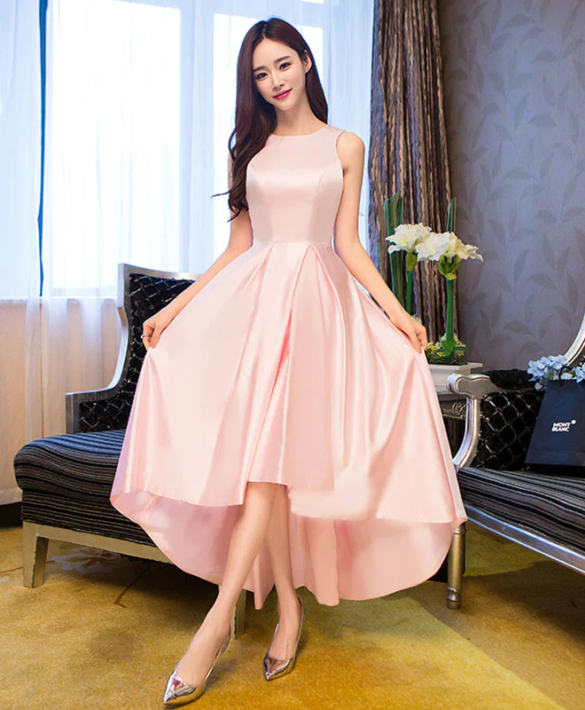 Simple Pink Satin Tea Length Prom Dress, Pink Homecoming Dresses on Luulla