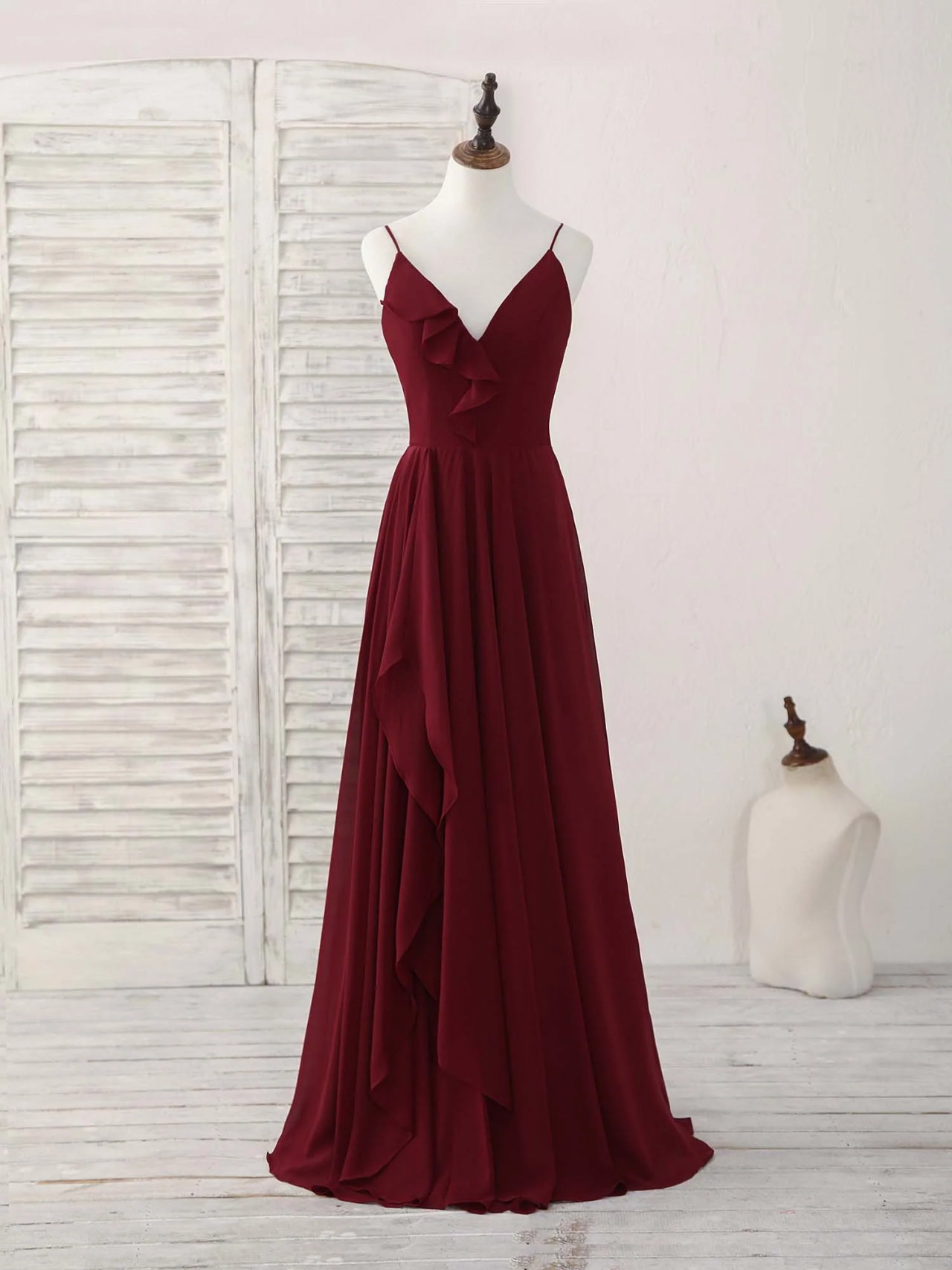 chinese dress ladies A Line V Neck Burgundy Chiffon Long Prom Dress with Lace Back, V Neck –  abcprom main image 0