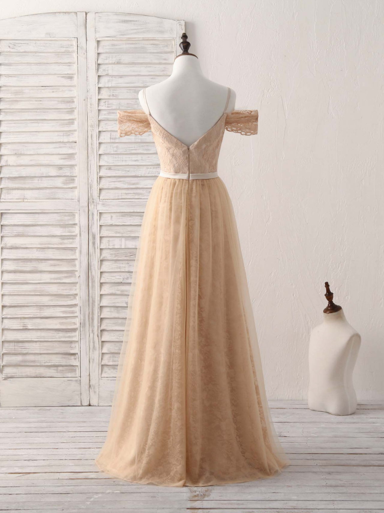 Tulle with Beaded Long Dresses Champagne