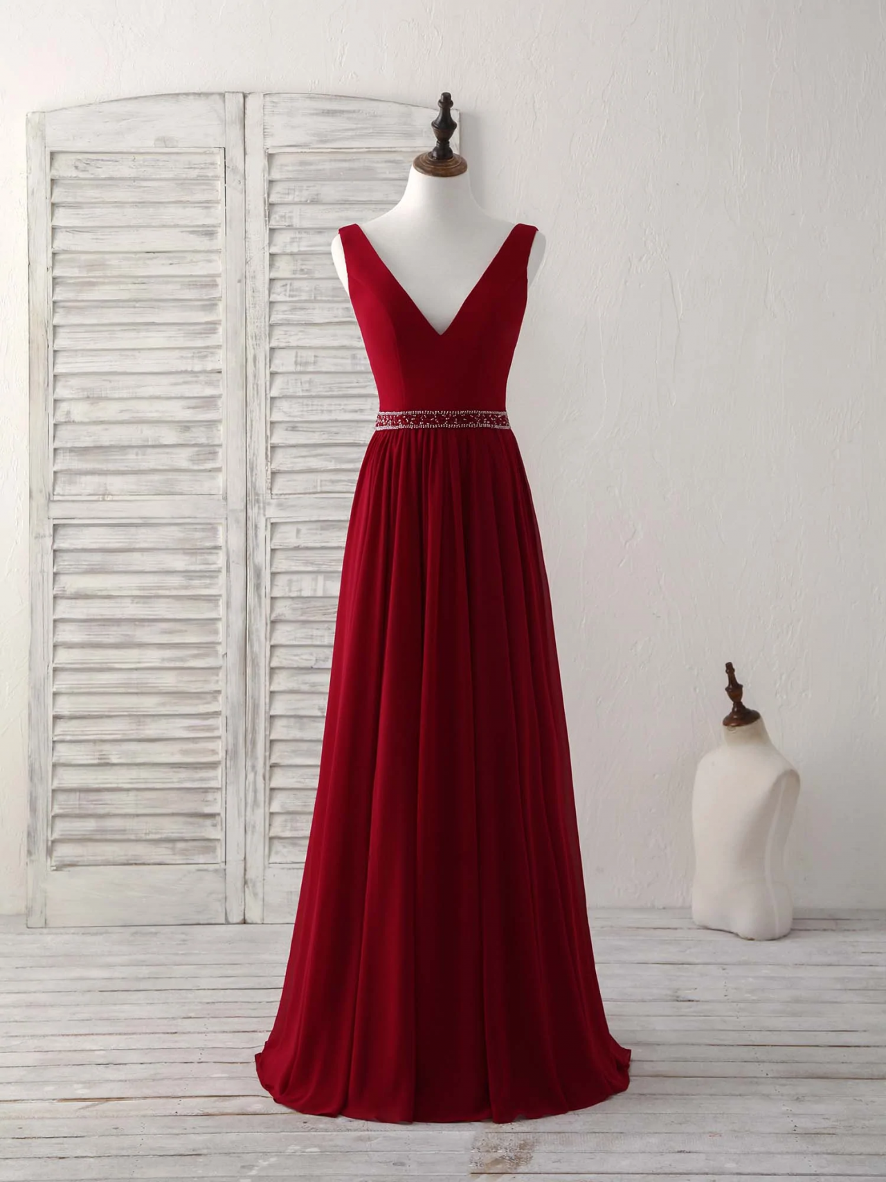 burgundy chiffon prom dress Chiffon Gown with Scarf Neck – Strapless A-Line Formal Dress CDT703 main image 0