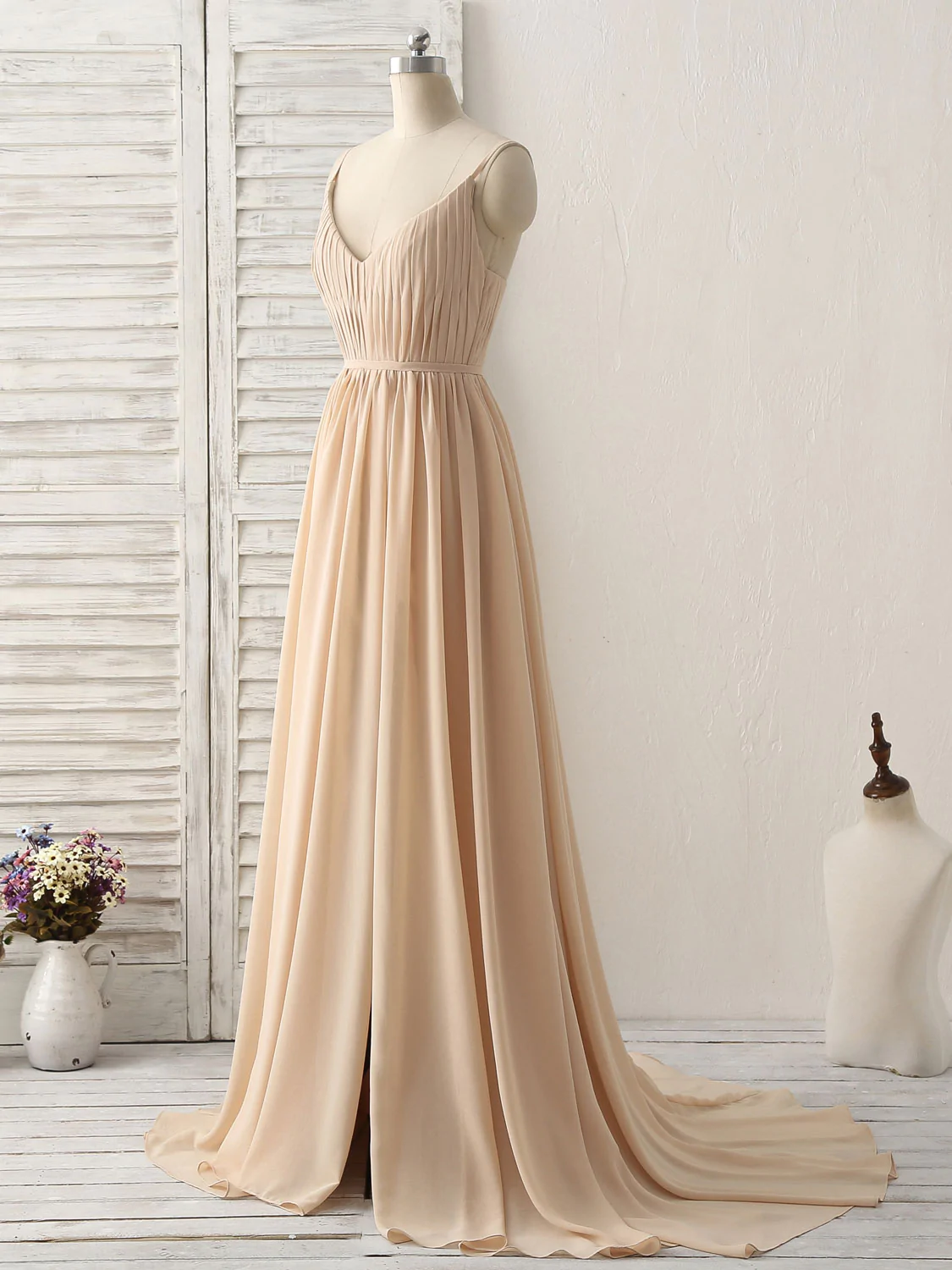Simple v neck coral chiffon long prom dress C1758