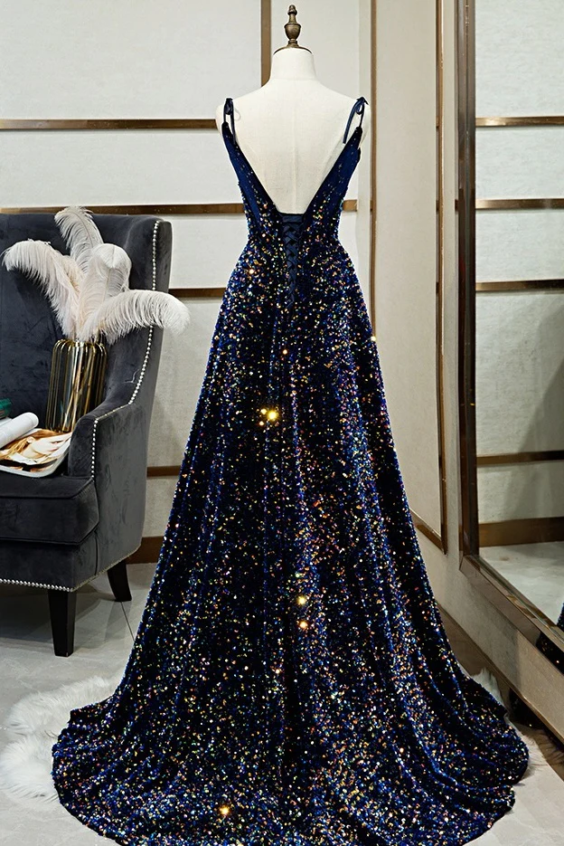 Shiny A Line Spaghetti Straps Sequin Long Prom Dress, Evening Dress C8083 main image 1