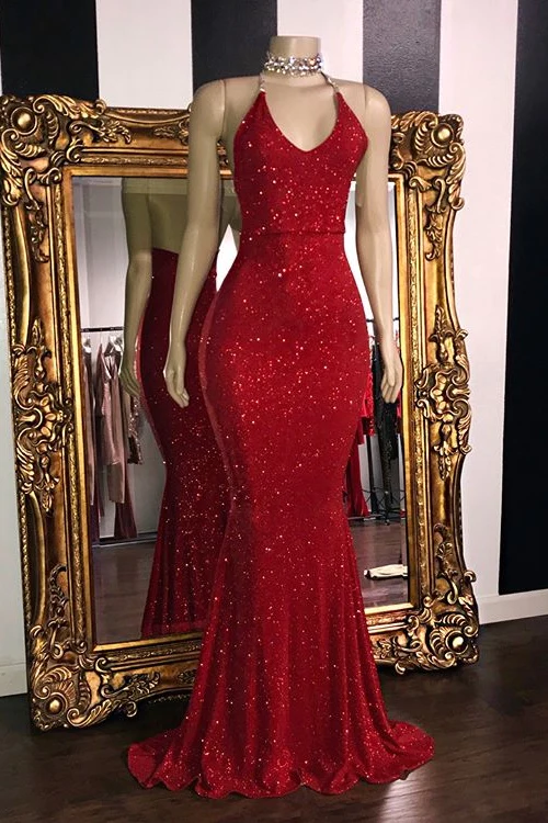 blue dress for baby girl Simple Red Mermaid Satin Halter Backless Prom Dresses, Evening Dress, MP917