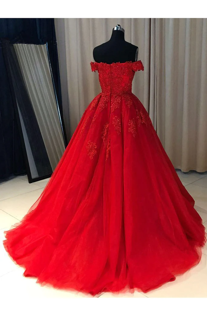 Off the Shoulder Red Lace Top A Line Satin Prom Dress with Beadings LBQ4263 main image 1