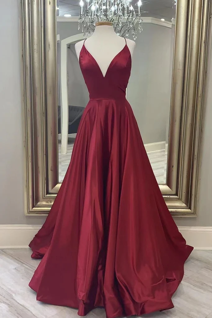 Modest V-neck Burgundy Prom Dresses Long Homecoming Dresses
