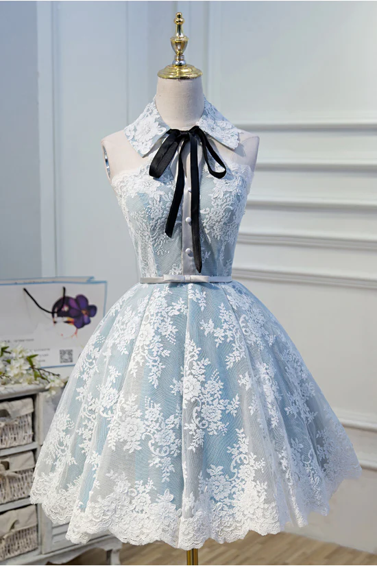 Light Sky Blue Cute Halter Short Homecoming Dress With Lace Appliques
