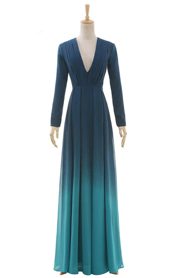 Ombre A Line Floor Length Black To Green Deep V Neck Long Sleeve Prom Dresses